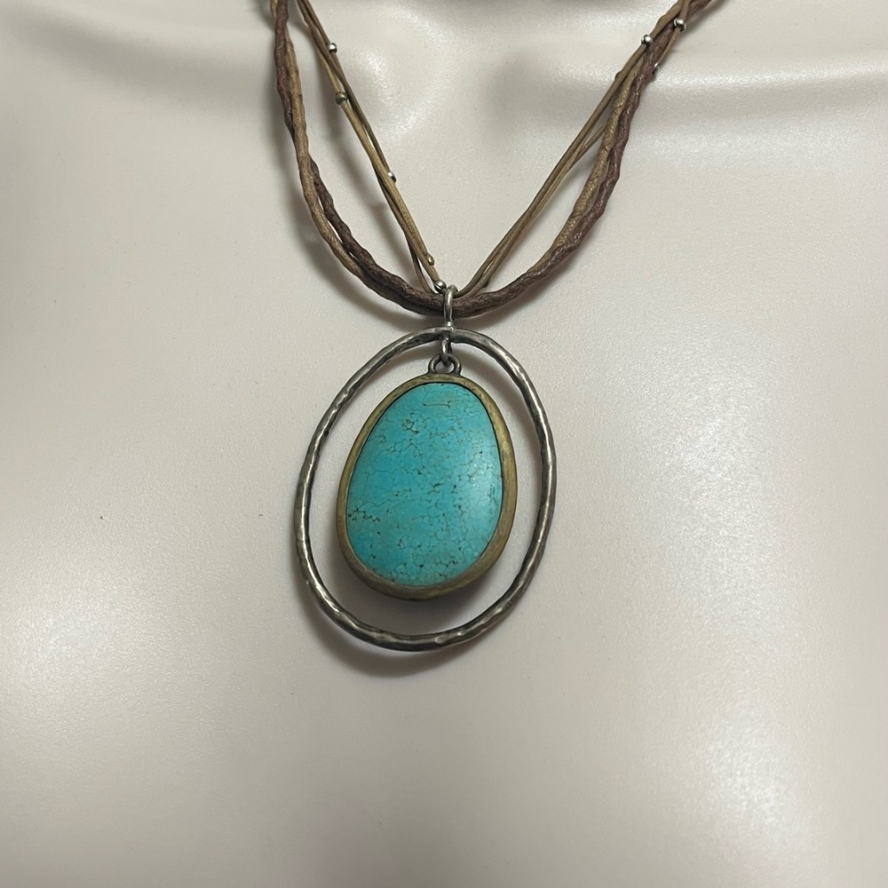 Silpada Howlite Turquoise Pendant Necklace with Brown Cord .925 Silver frame. - Picture 2 of 9